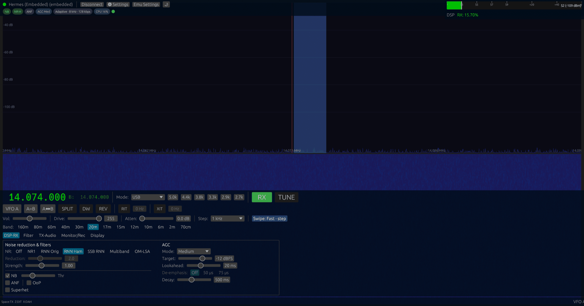 The PodSDR web client in a browser: spectrum and waterfall on 20 m, VFO readout, mode and filter buttons, band buttons and the DSP-RX panel with noise reduction and AGC settings.